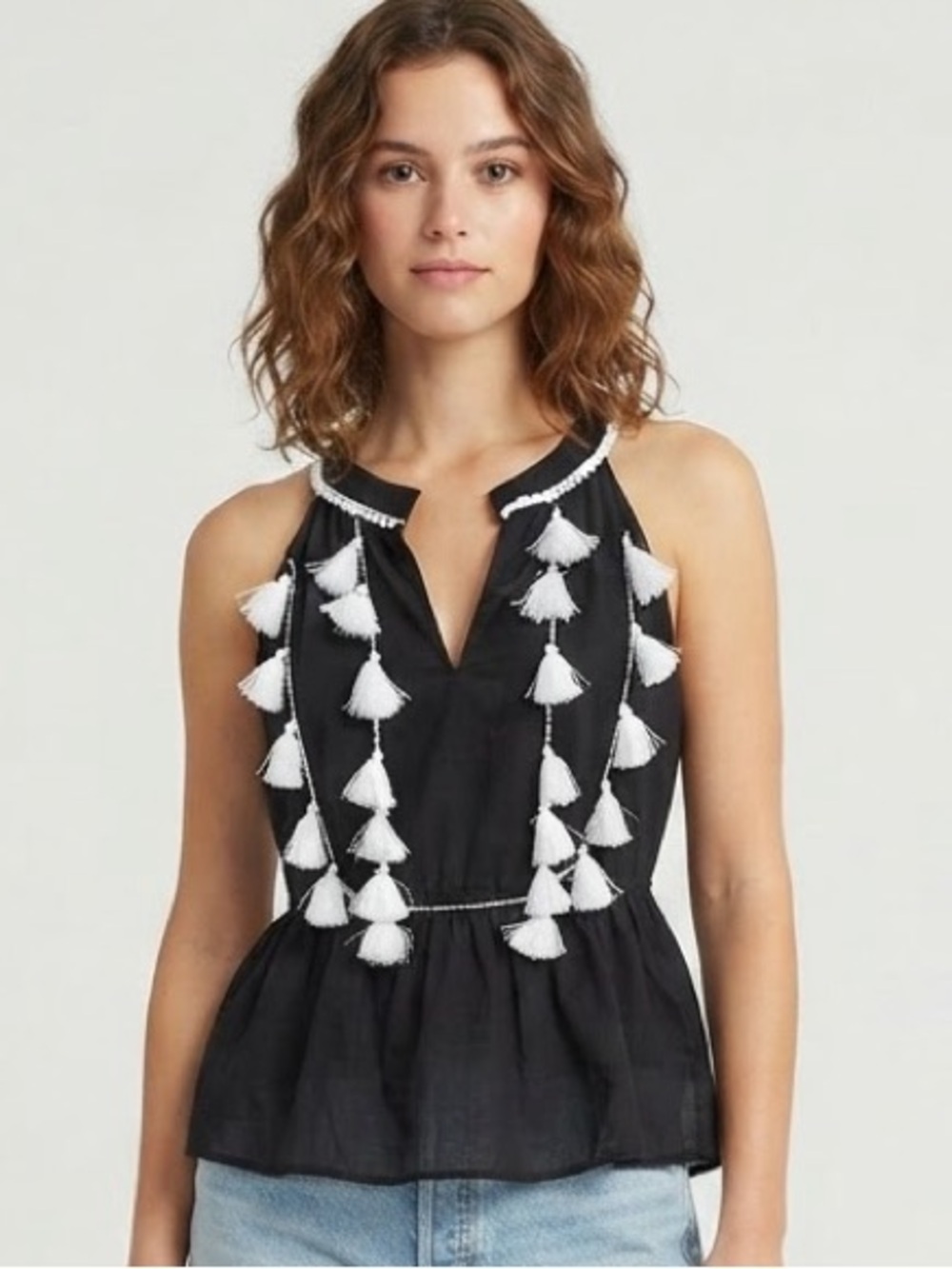 THML Black Tassel Halter Peplum Top White Pom Pom Trim Size Medium